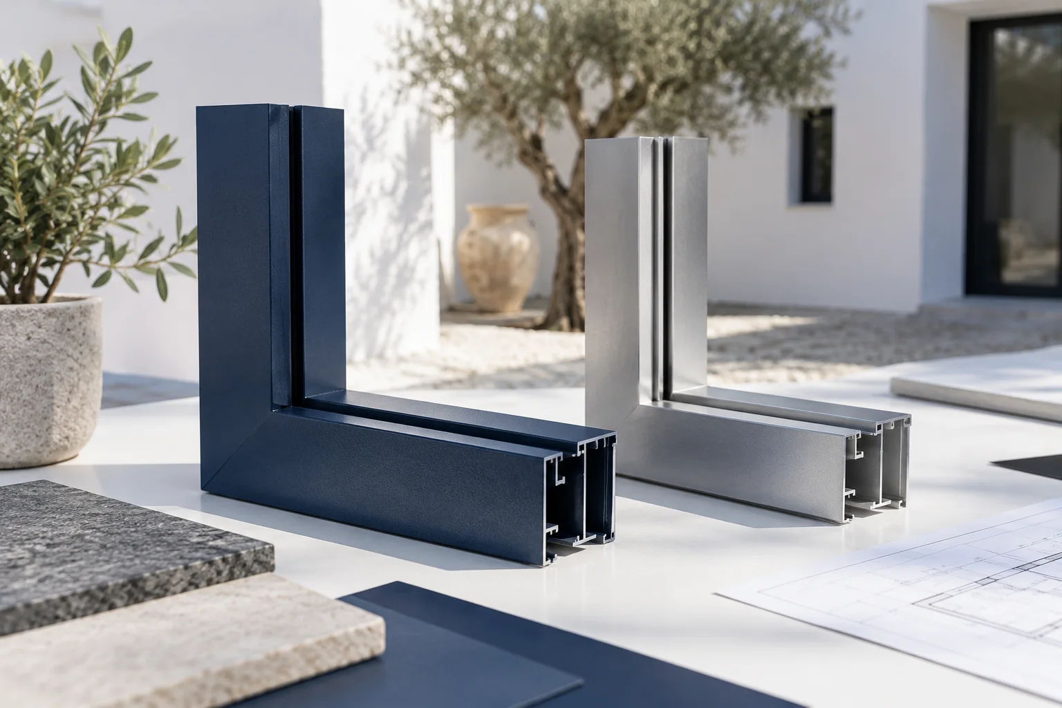 Muestras de acero lacado azul y aluminio sobre mesa blanca