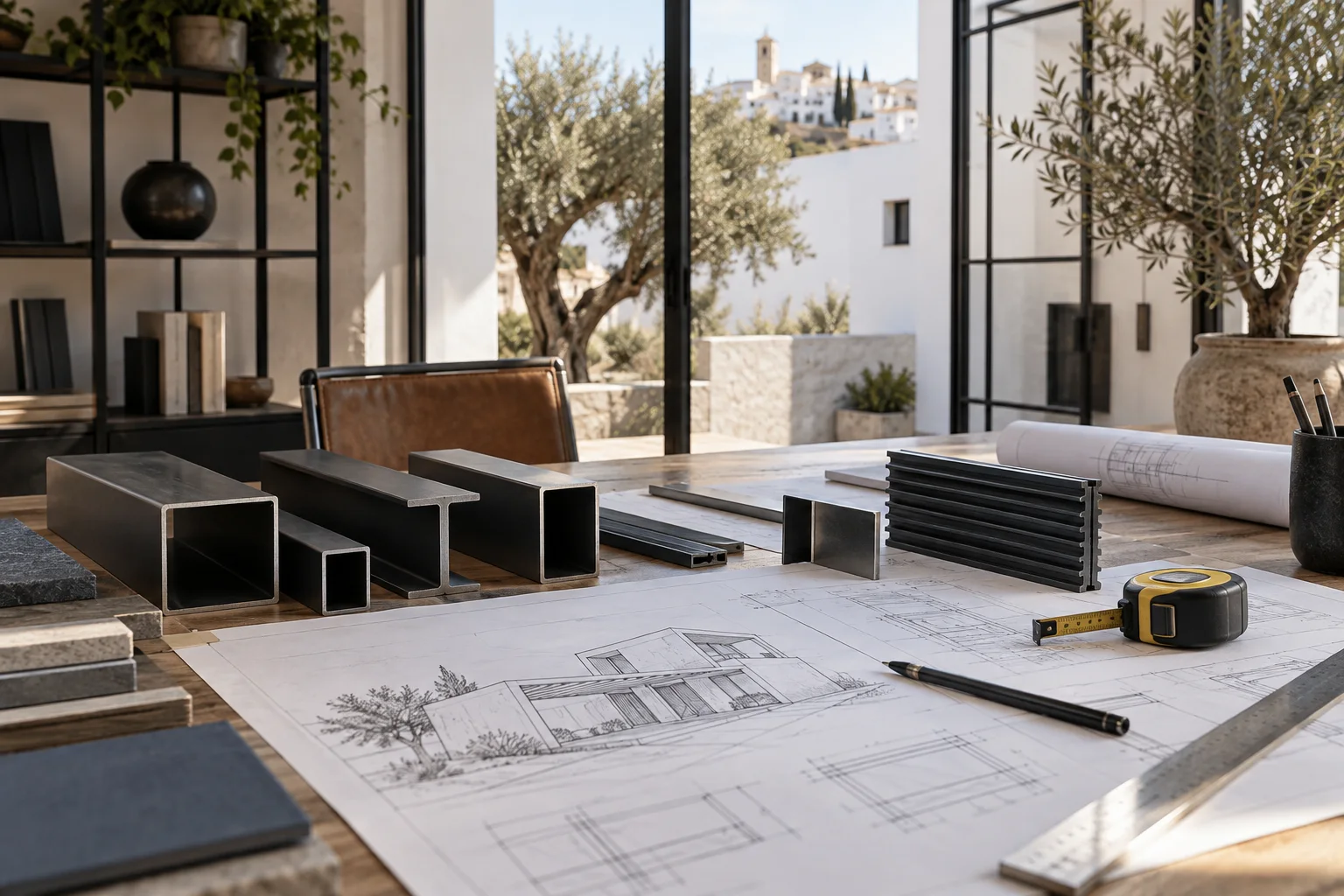 Mesa de diseño con perfiles, cinta métrica y bocetos
