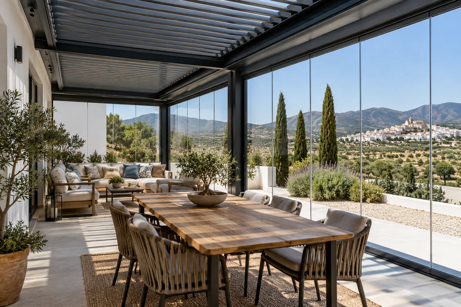 Terraza parcialmente cerrada con paneles acristalados