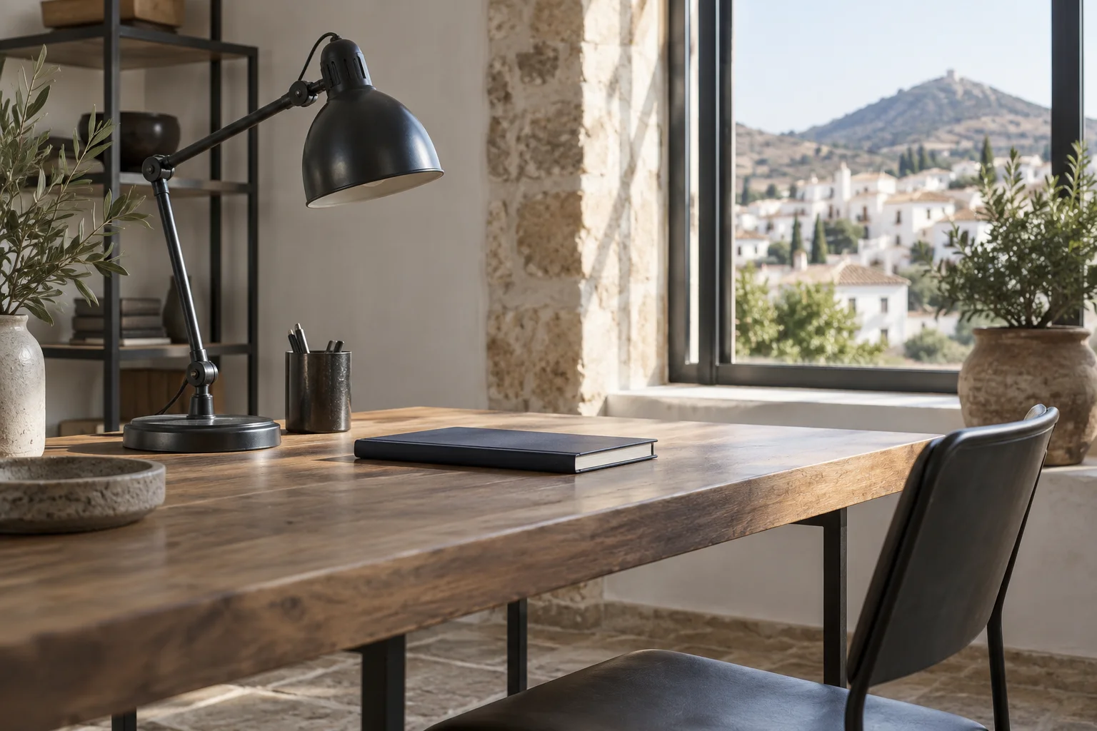Mesa con lámpara metálica y cuaderno cerrado