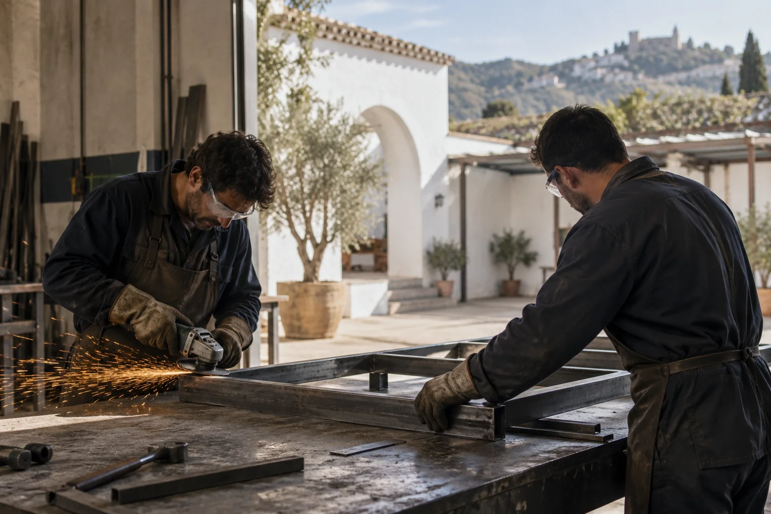 Dos profesionales trabajando junto a un banco de fabricación
