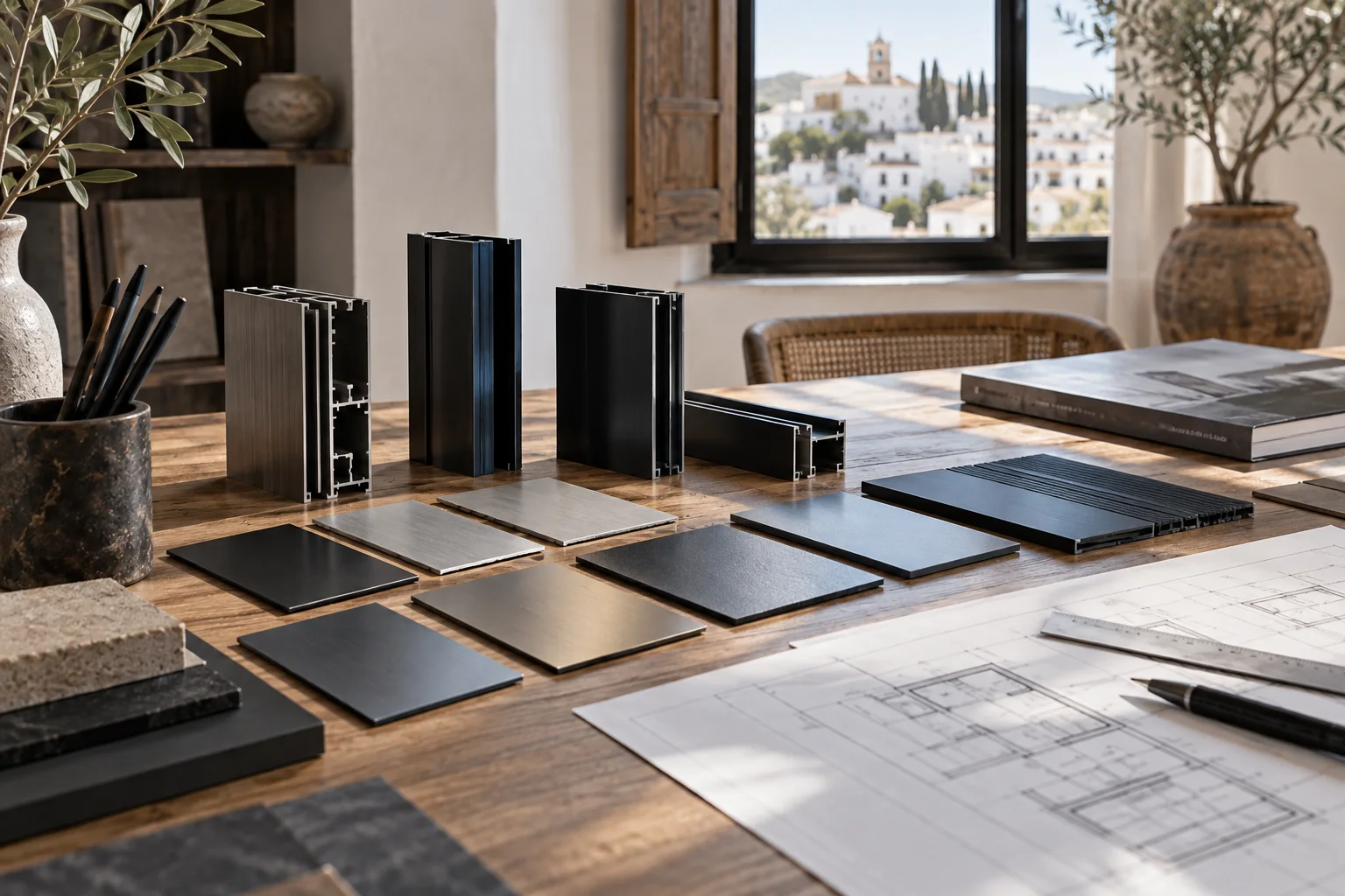 Muestrario de acabados y perfiles metálicos sobre una mesa