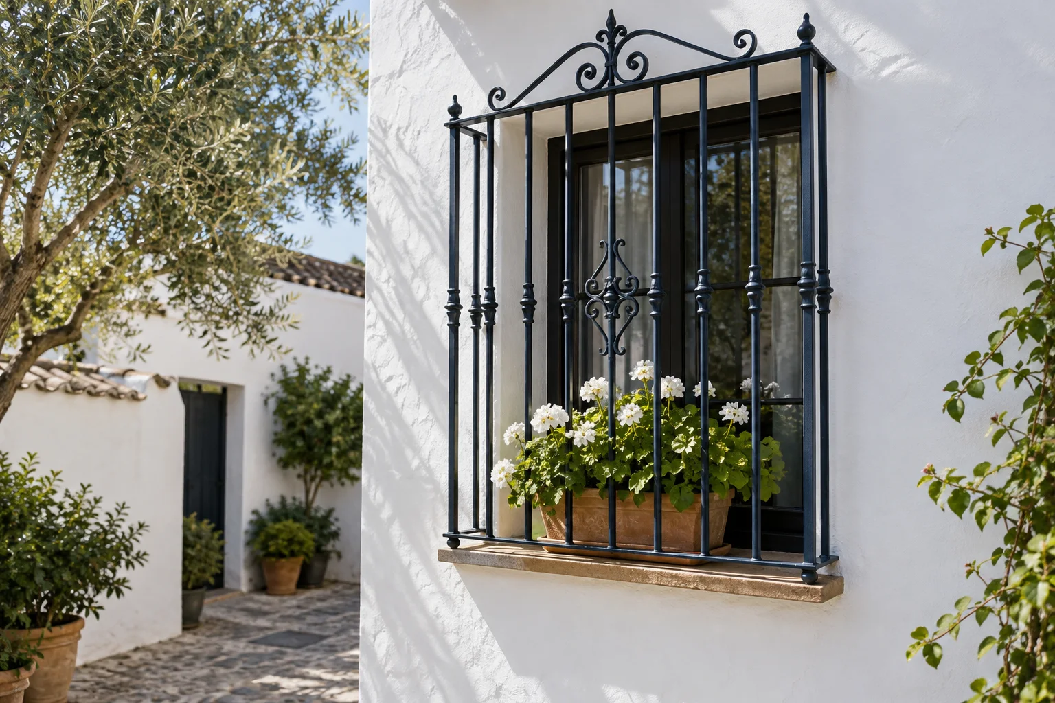 Reja de ventana en una pared de patio encalada