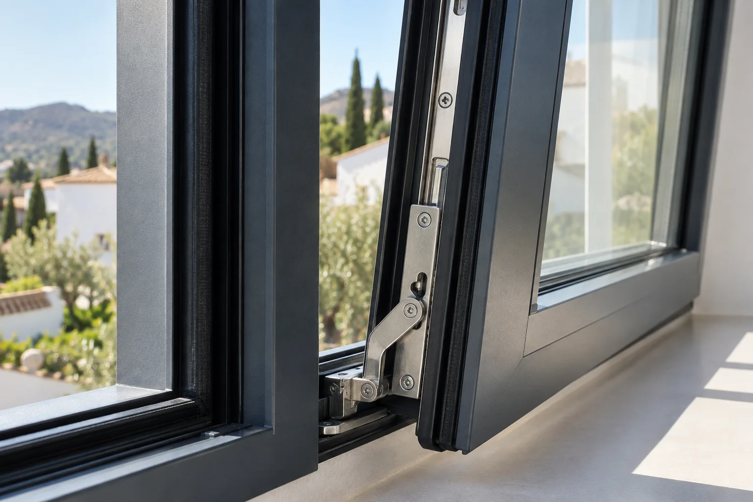 Herraje y junta de una ventana oscilobatiente de aluminio