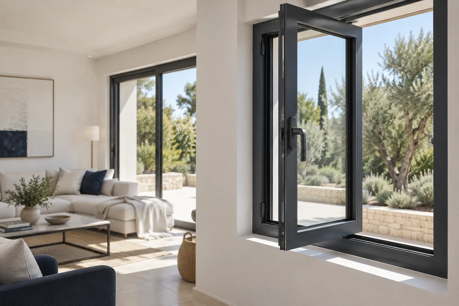 Ventana abatible de aluminio antracita entreabierta en una estancia luminosa.