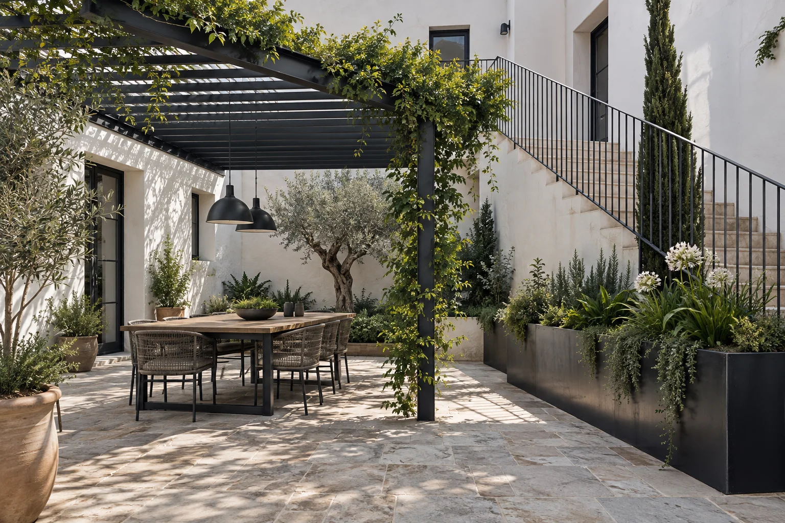 Patio de inspiración con pérgola, barandilla y jardineras metálicas