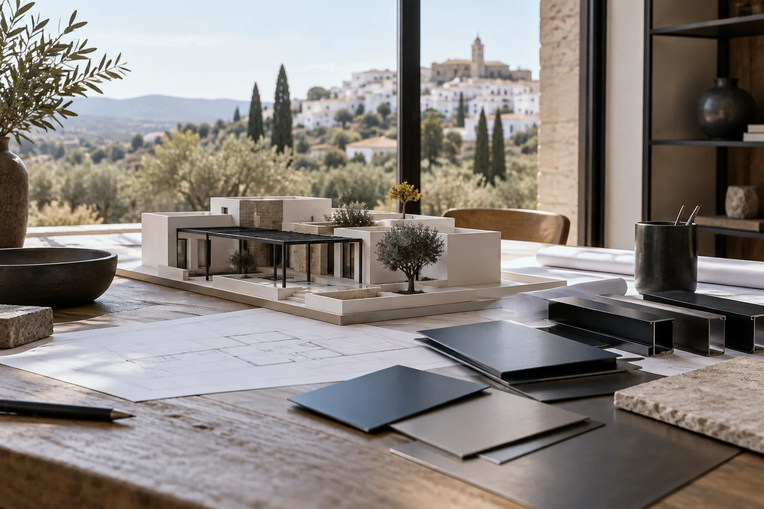 Maqueta arquitectónica con muestras de acabados metálicos