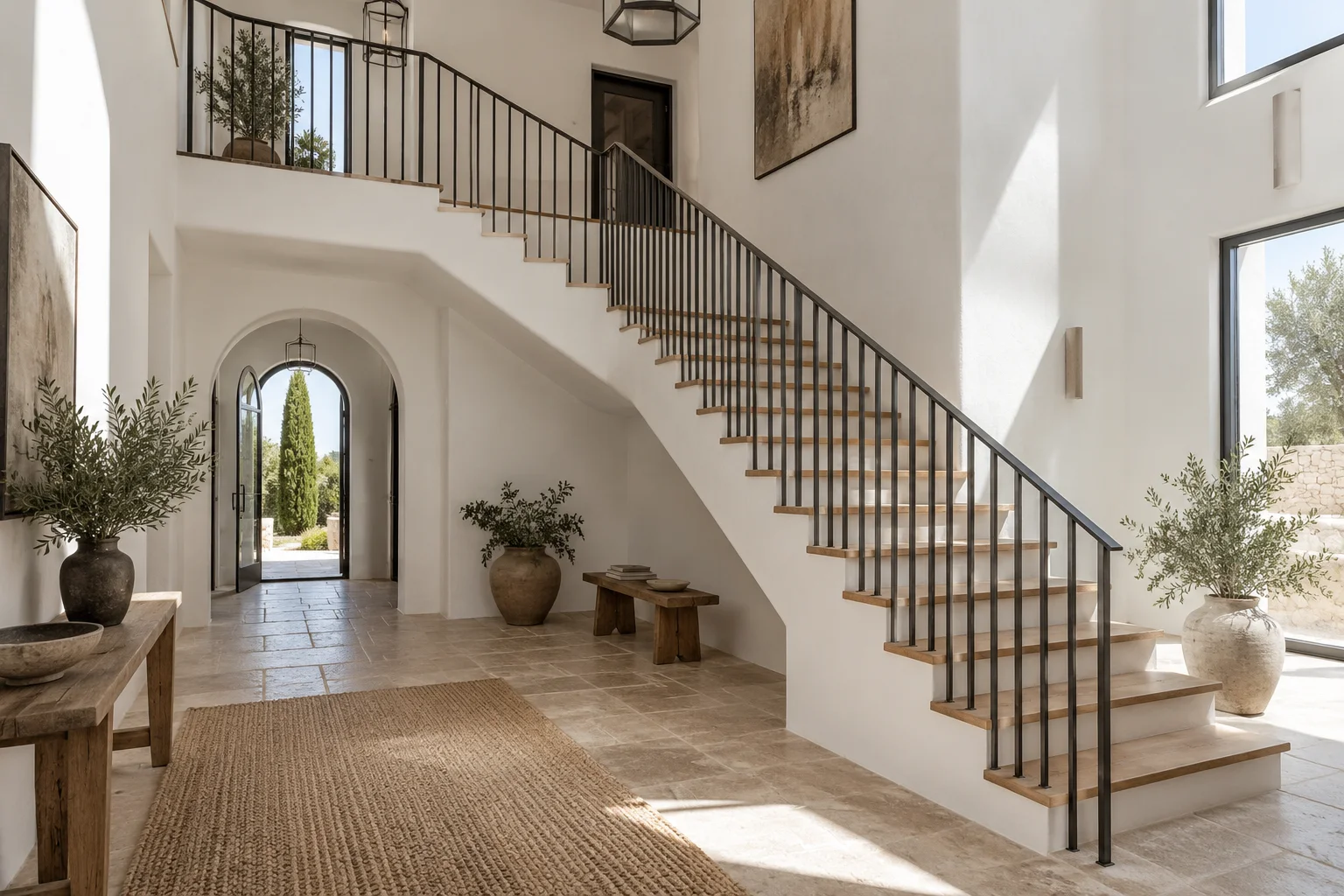 Propuesta de escalera de madera con barandilla metálica vertical