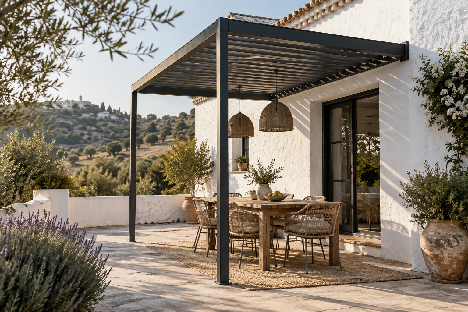 Propuesta de pérgola antracita adosada a un patio blanco