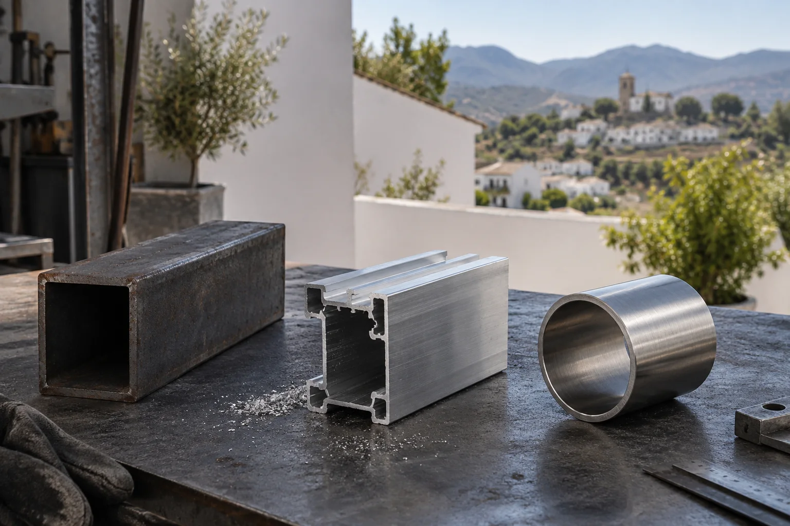 Muestras de acero, aluminio e inoxidable sobre un banco