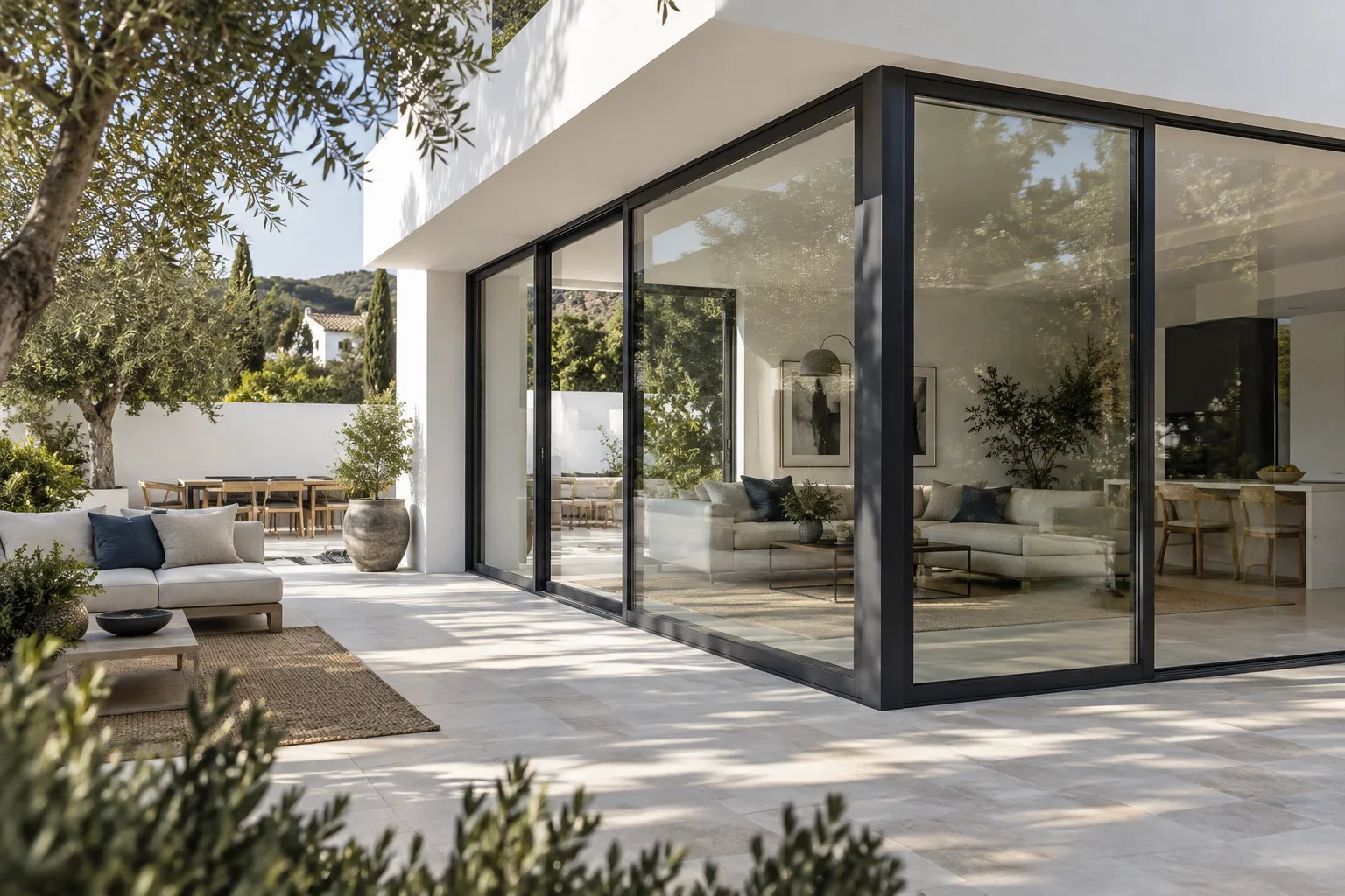 Cerramiento de aluminio acristalado junto a un patio