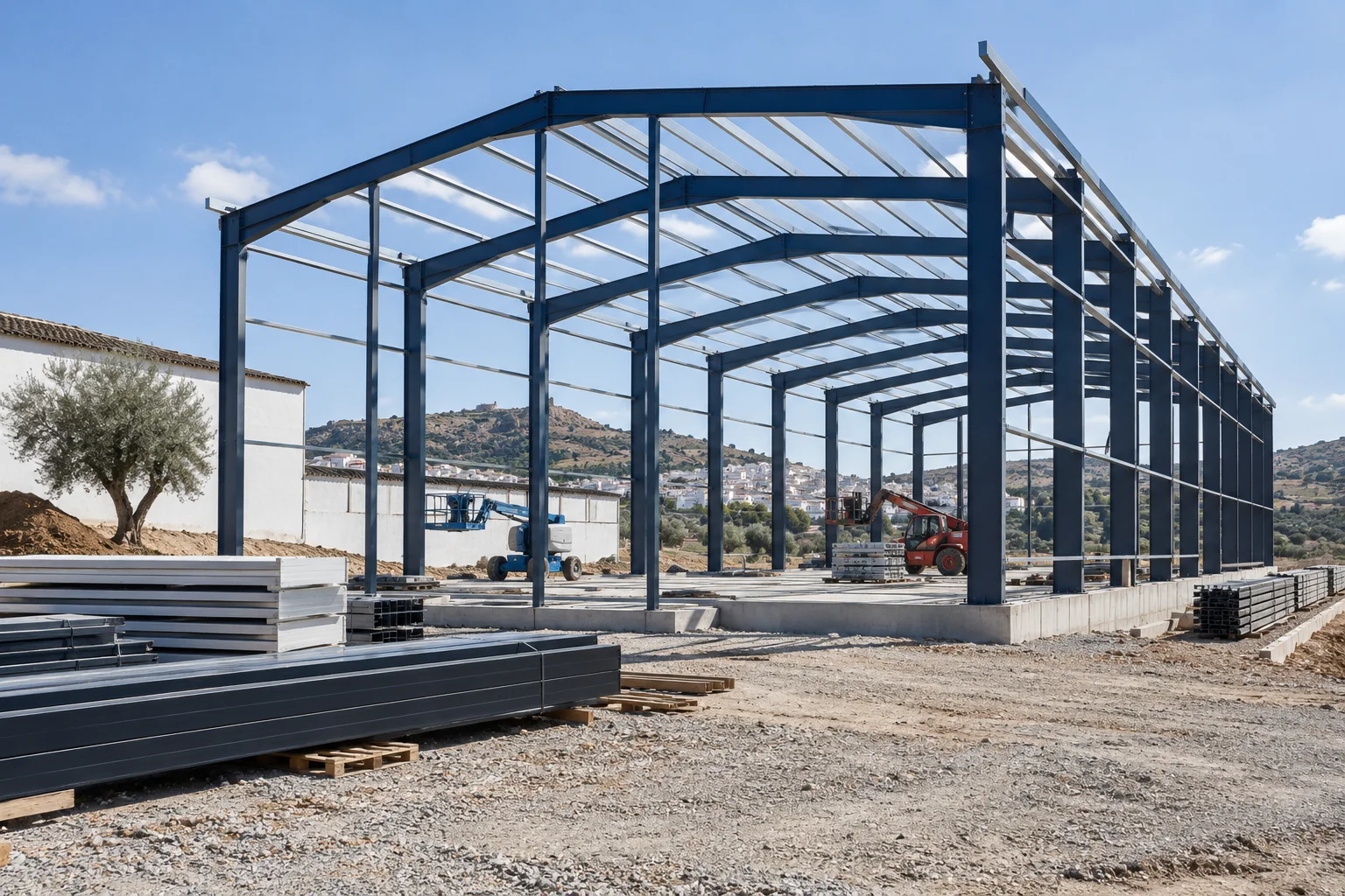 Estructura de pórticos de acero de una nave en construcción