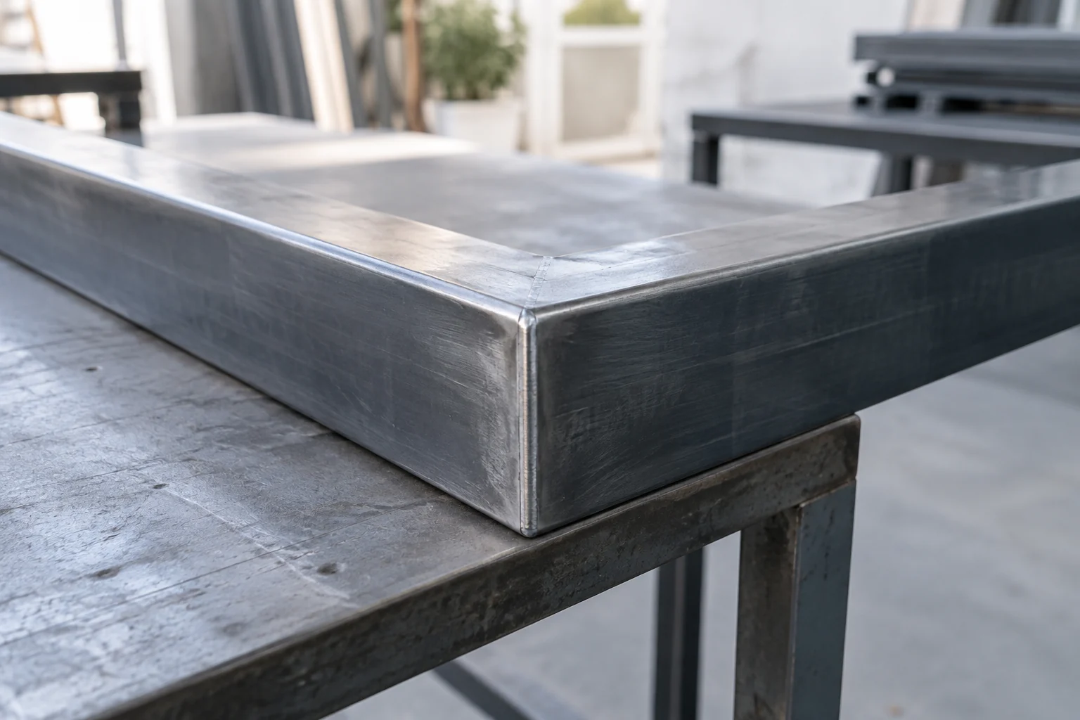 Esquina soldada de tubo de acero con unión precisa sobre una mesa de taller.