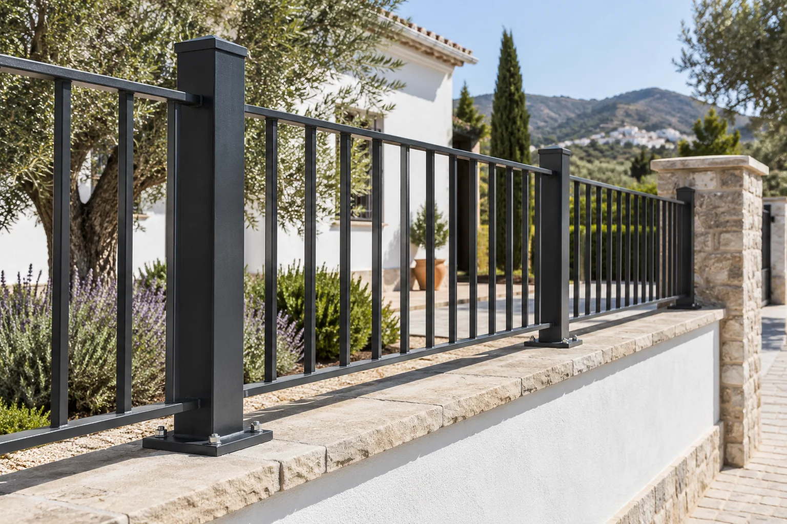 Postes de una valla metálica sobre un muro de obra